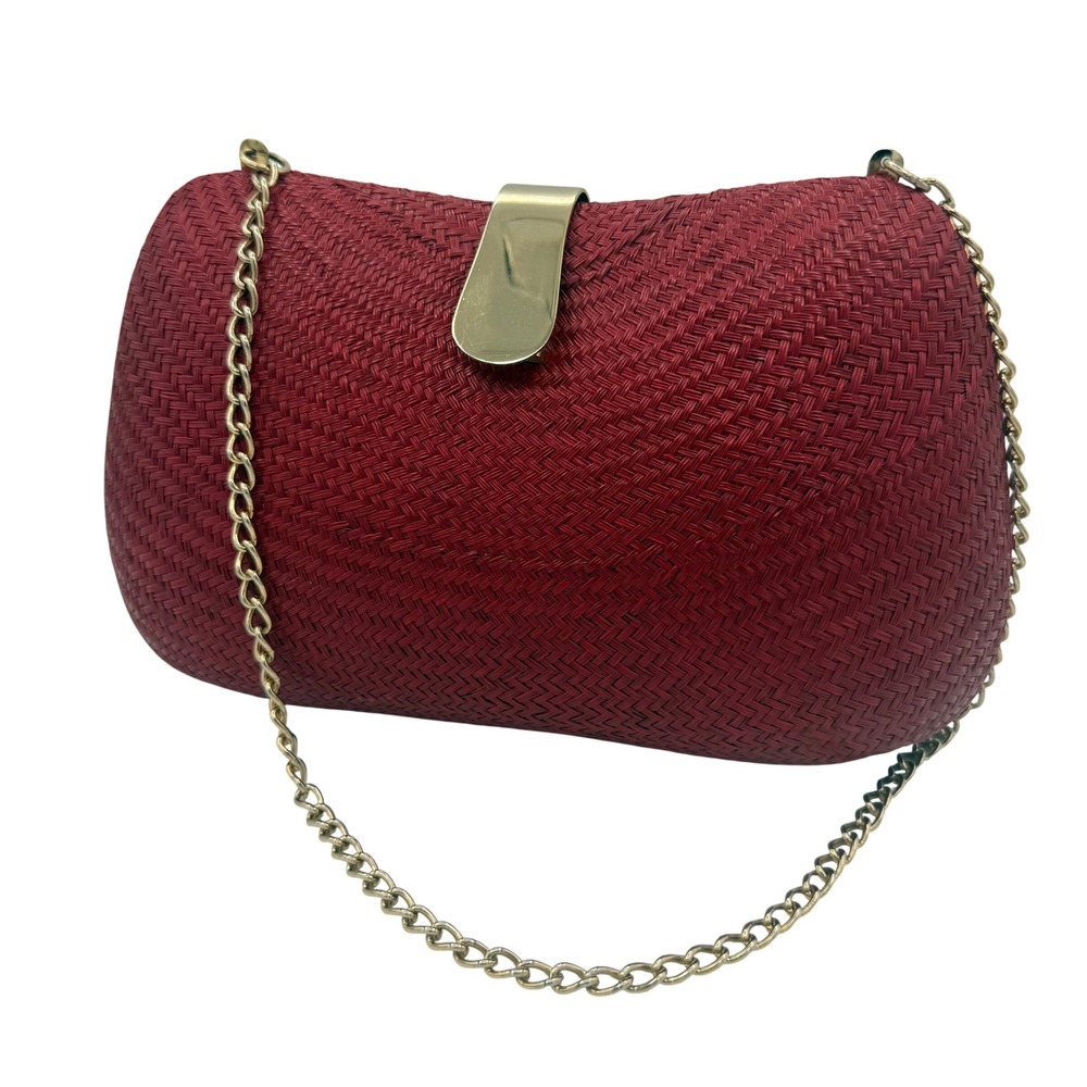 Red Woven Straw Clutch Women Gold Chain Evening Bag Beach Summer Chic Minimalist